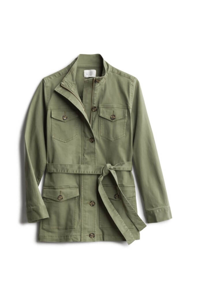 Stitch Fix women's green belted button-front shacket.