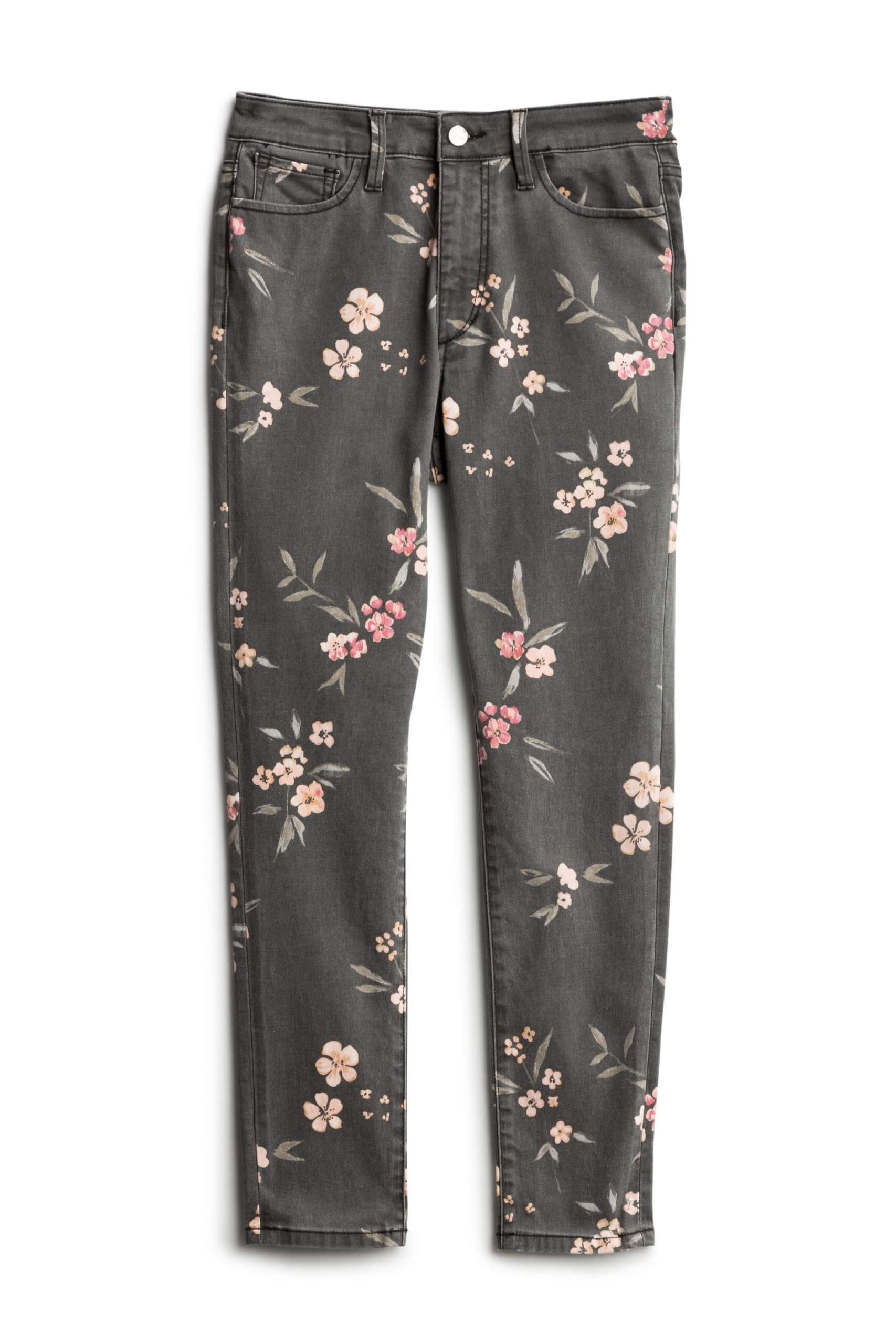 Stitch Fix women’s grey denim with yellow, pink and green floral pattern.
