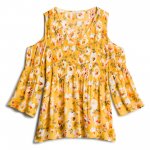 Stitch Fix women’s three-quarter sleeve ditsy yellow printed blouse with cold-shoulder.