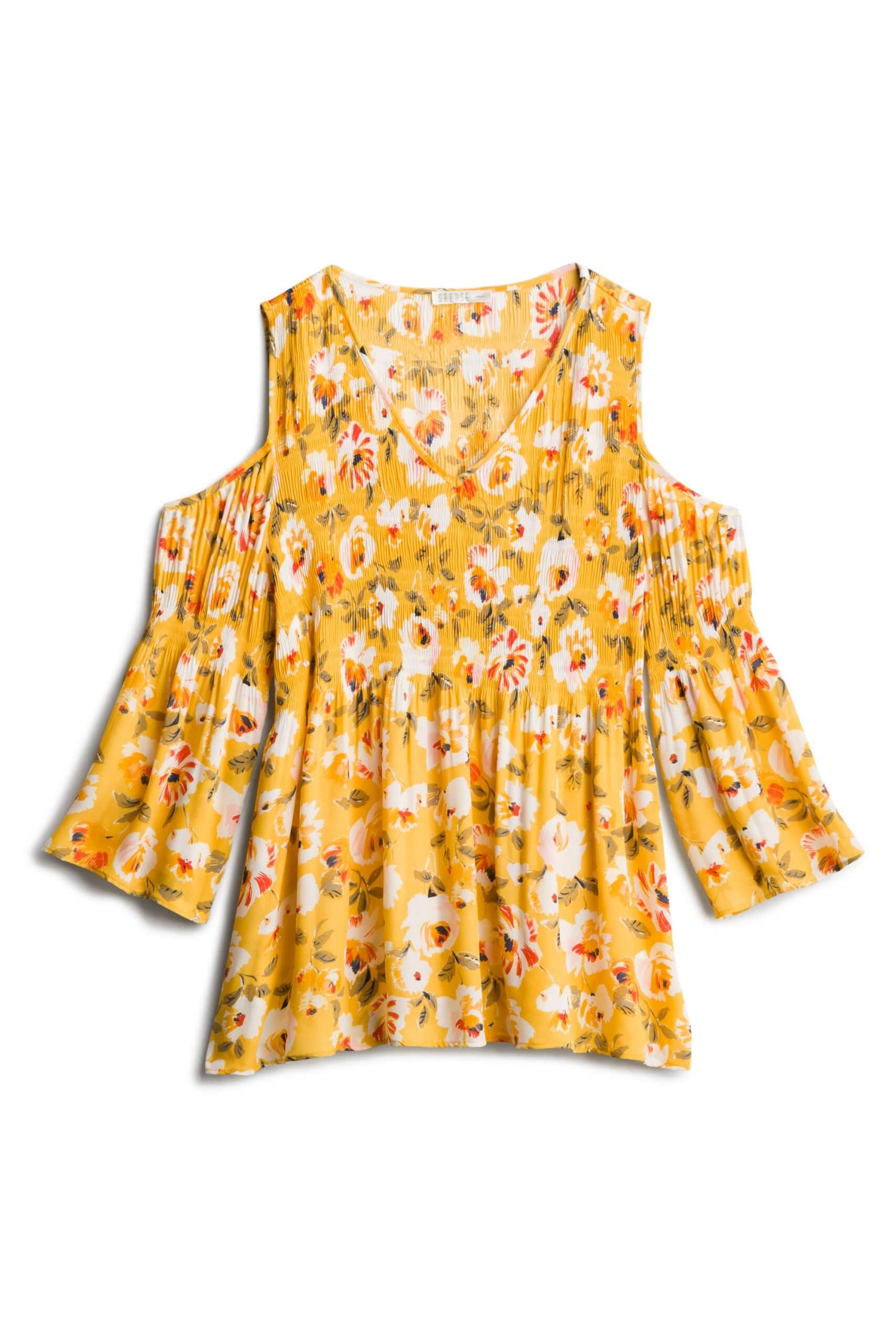 Stitch Fix women’s three-quarter sleeve ditsy yellow printed blouse with cold-shoulder.
