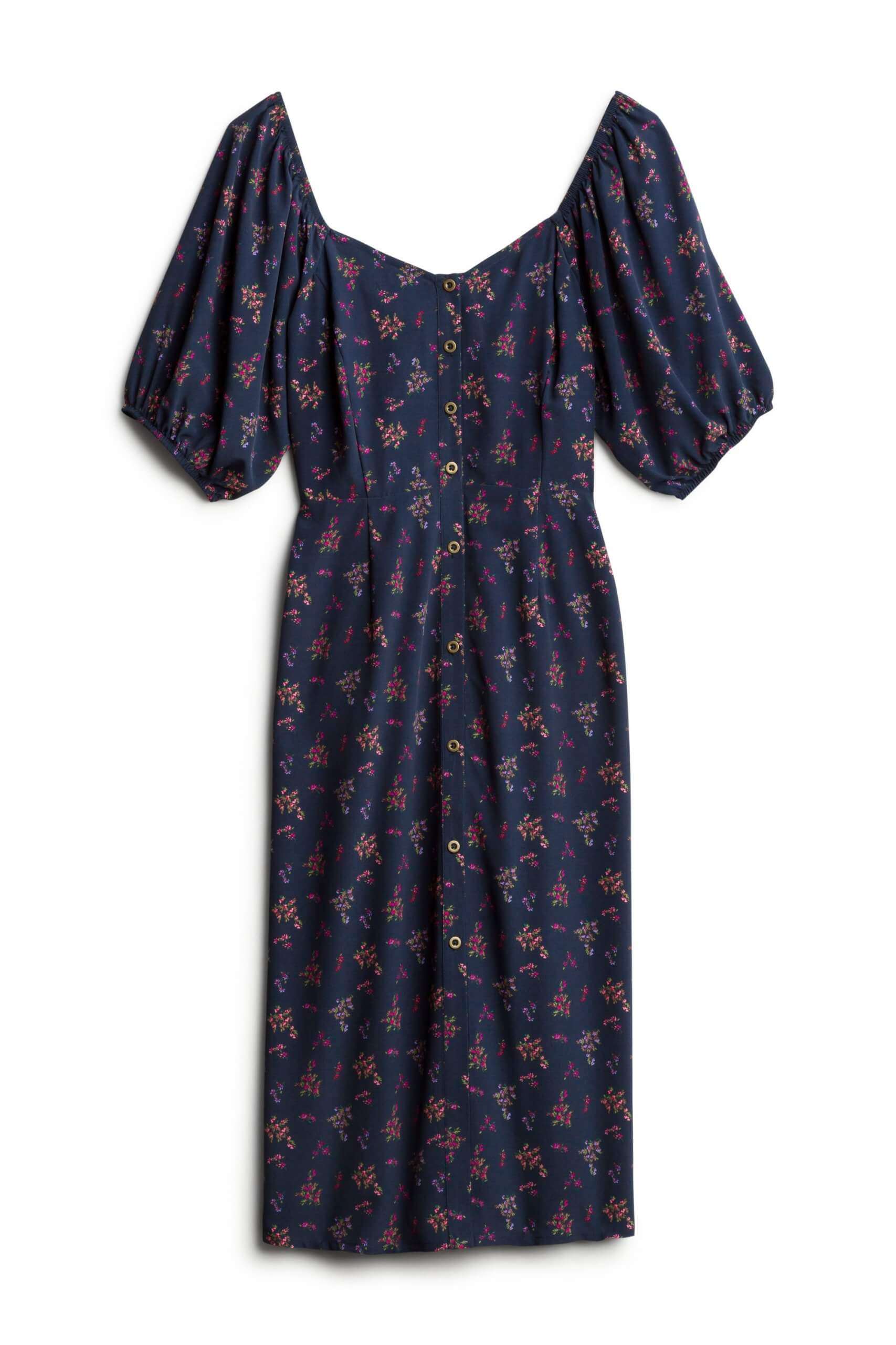 Stitch Fix women’s navy and pink cottage-floral cluster printed midi-dress with puffed sleeves.