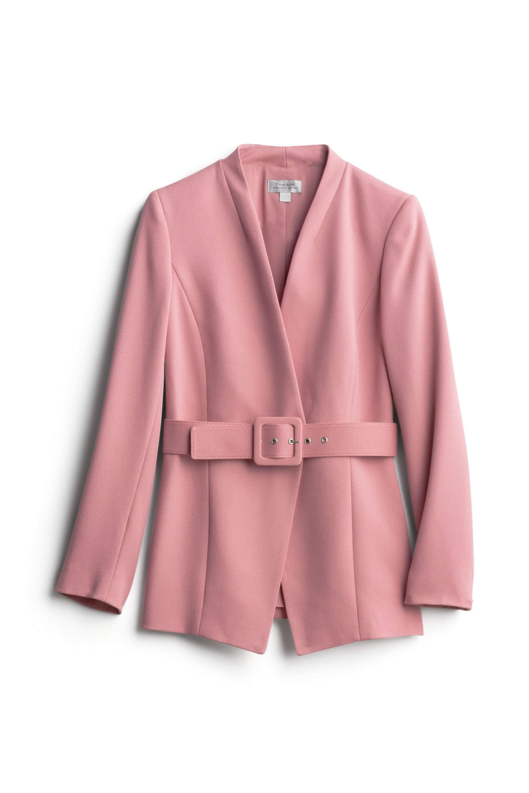 Stitch Fix women’s pink blazer with belted waist.