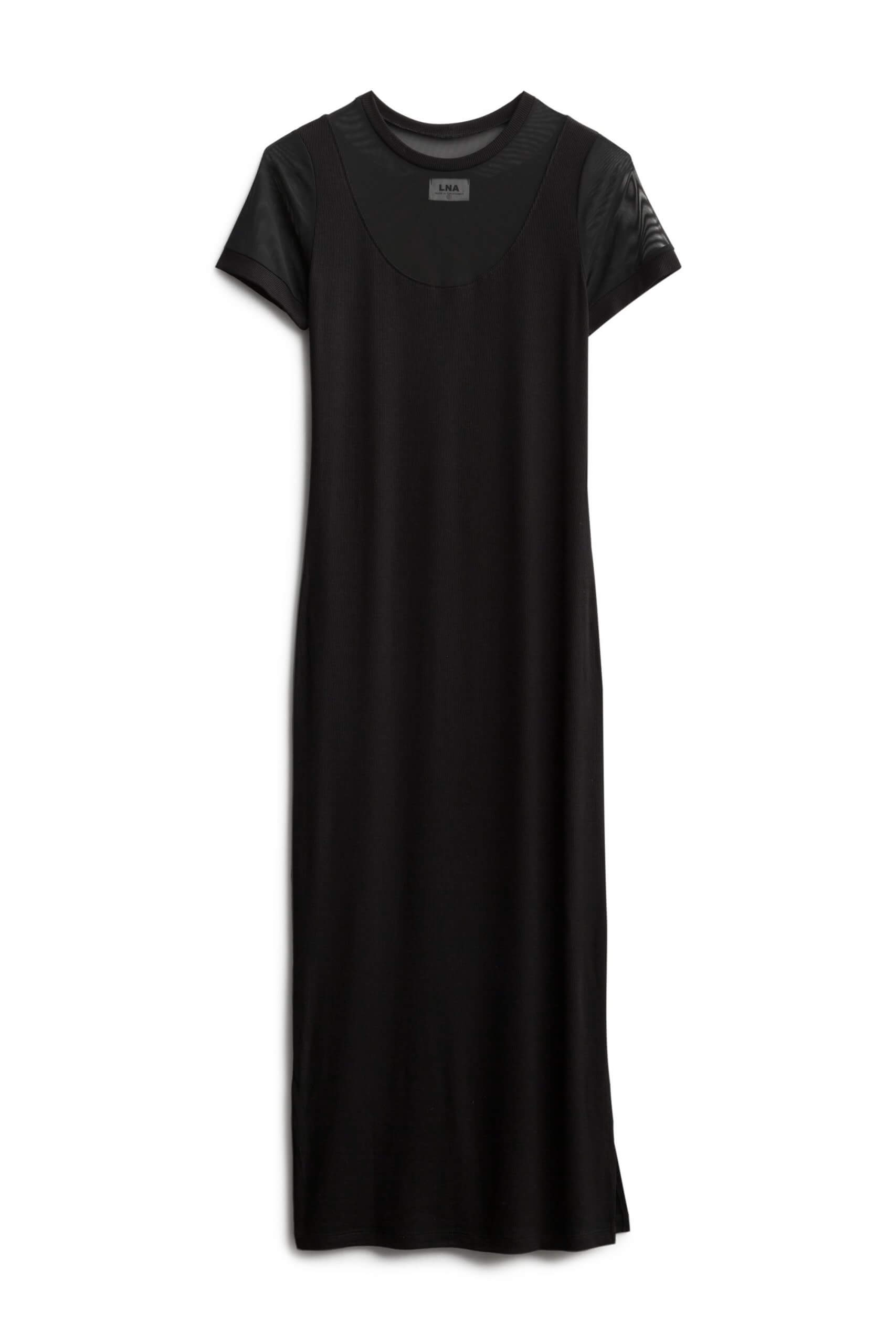 Stitch Fix women’s black maxi dress with mesh short sleeves.