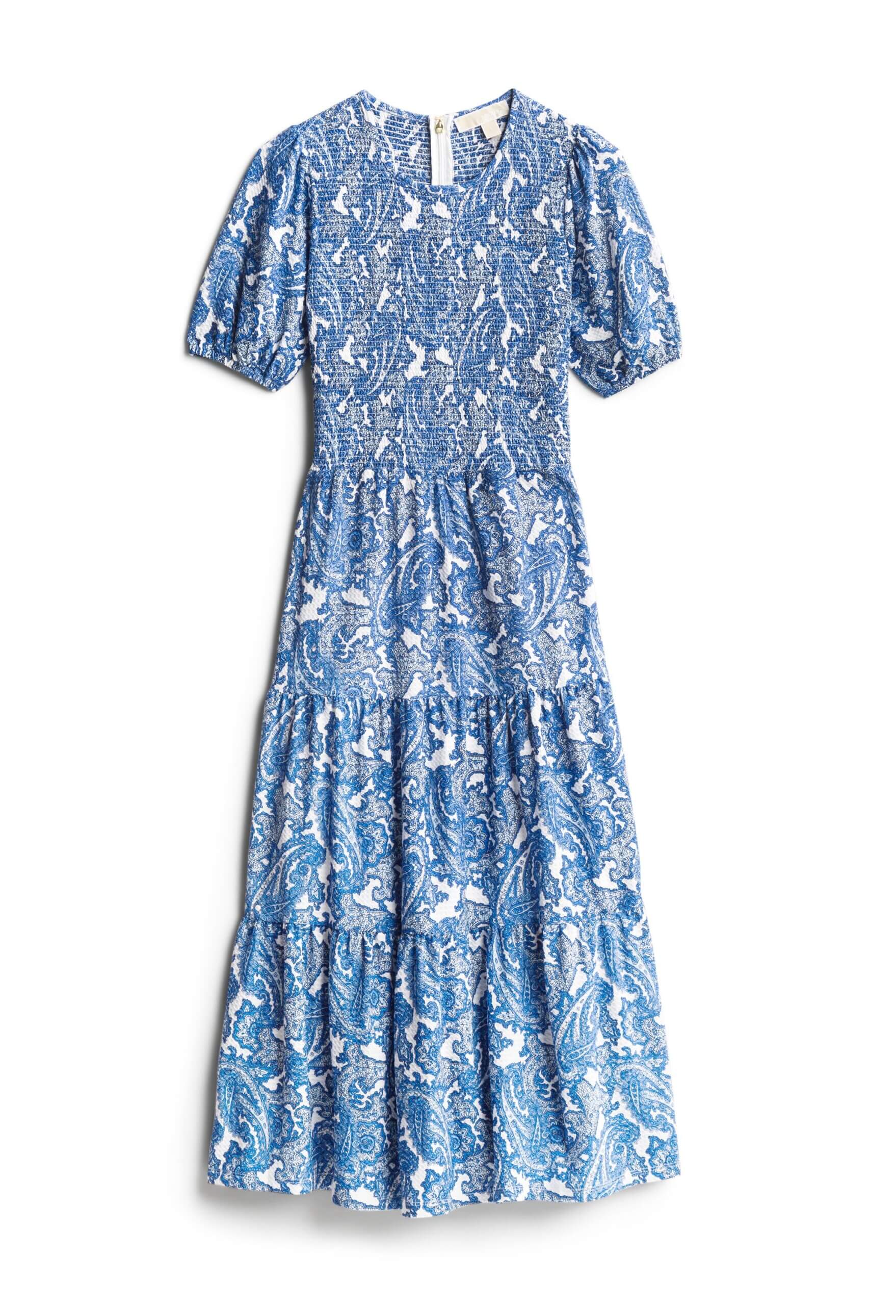 Stitch Fix Women’s short-sleeve light blue printed tiered maxi dress.