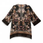Stitch Fix Women’s kimono with orange and pink floral print and black lace trim.