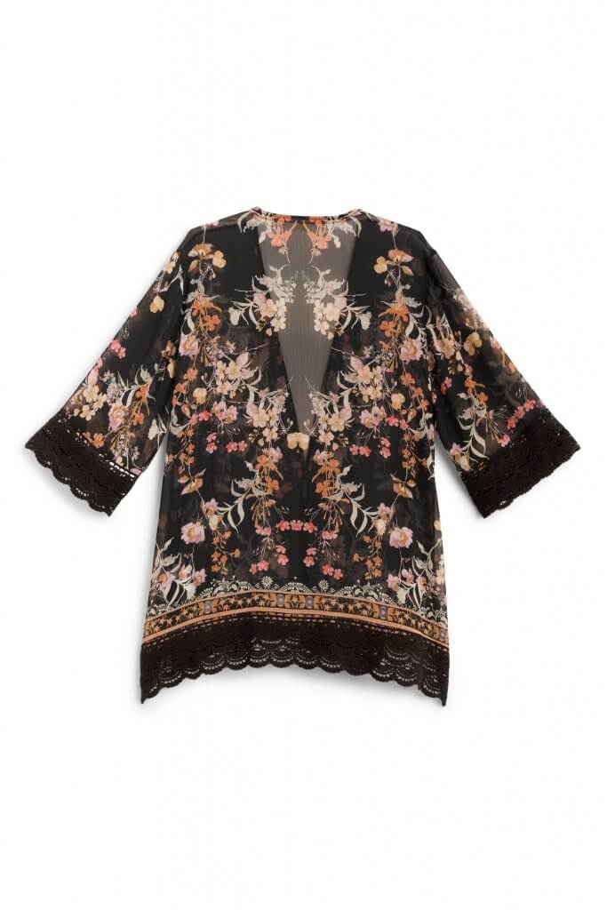 Stitch Fix Women’s kimono with orange and pink floral print and black lace trim.