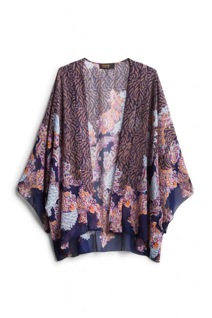 Stitch Fix women’s boho navy blue and pink floral print open front woven.