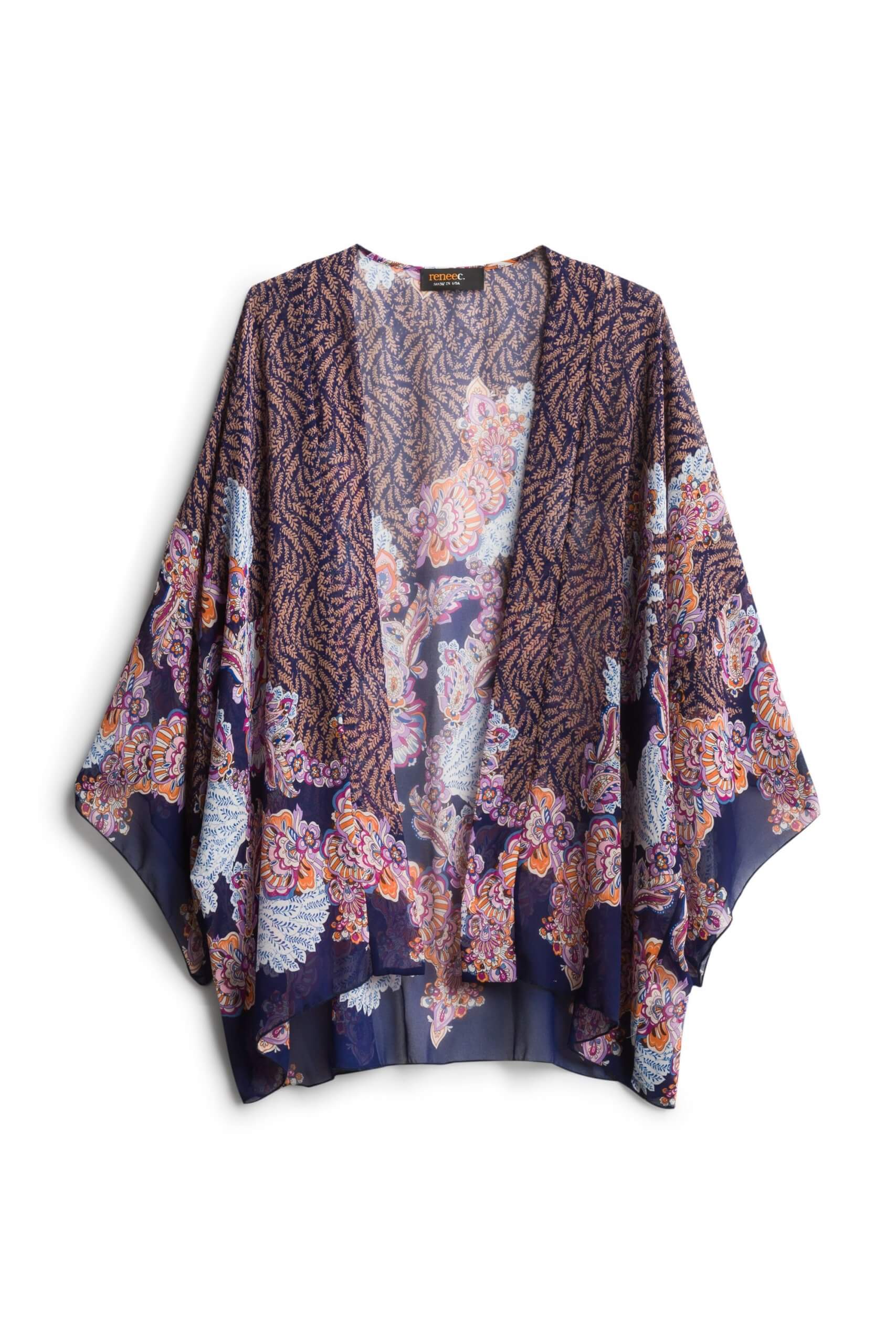 Stitch Fix women’s boho navy blue and pink floral print open front woven.