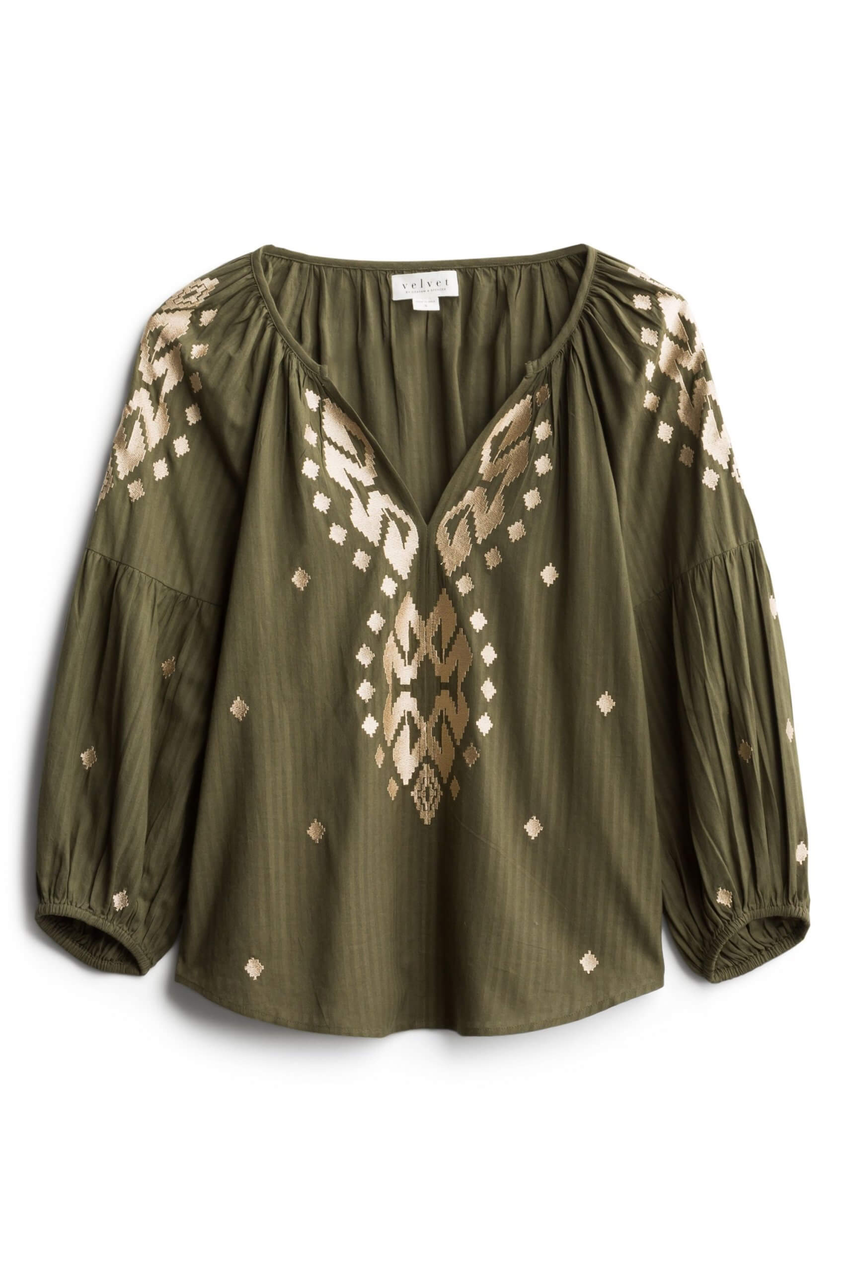 Stitch Fix Women’s olive embroidered detail blouse.