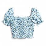 Stitch Fix women’s cropped blue and white floral short-sleeve shirt.