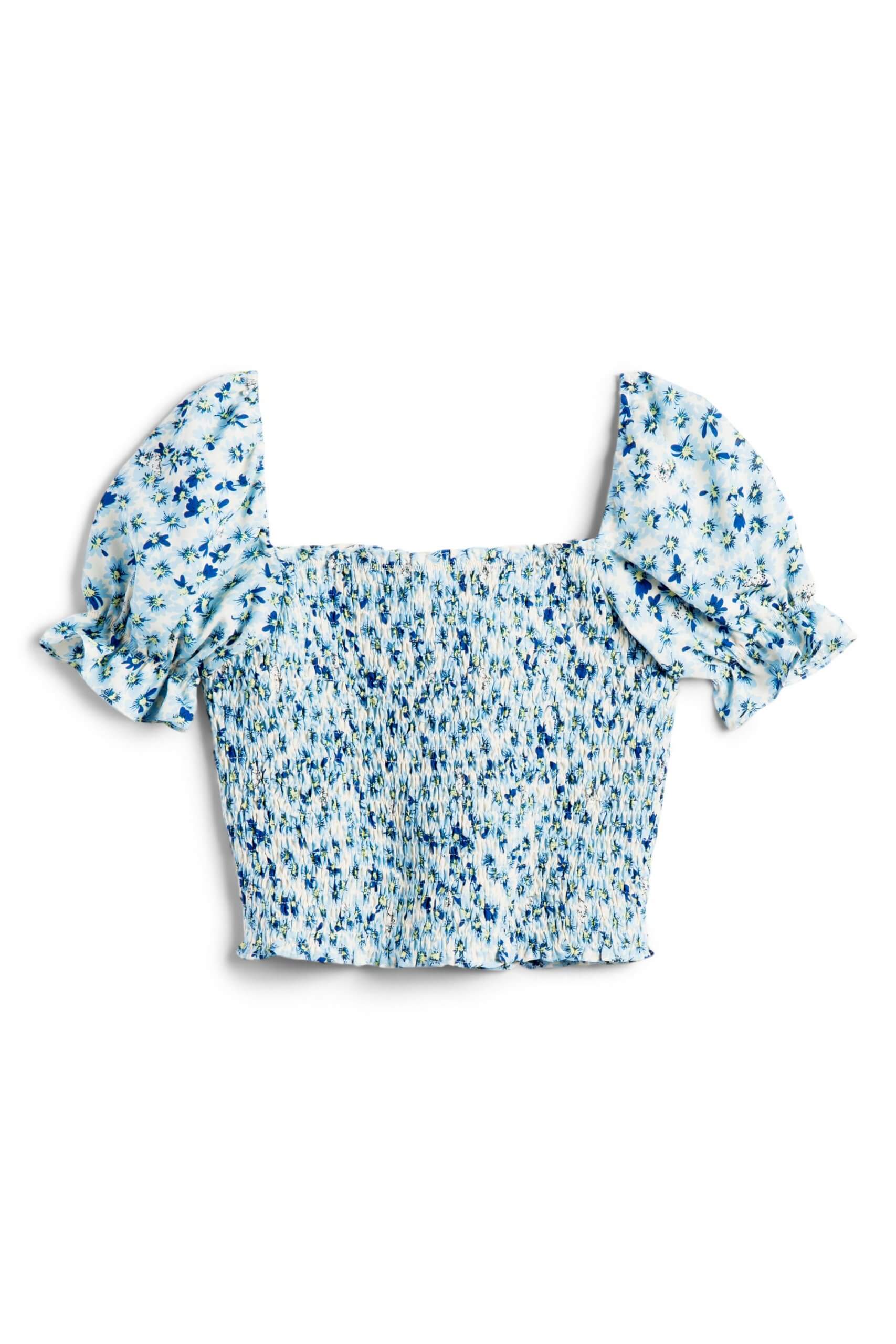 Stitch Fix women’s cropped blue and white floral short-sleeve shirt.