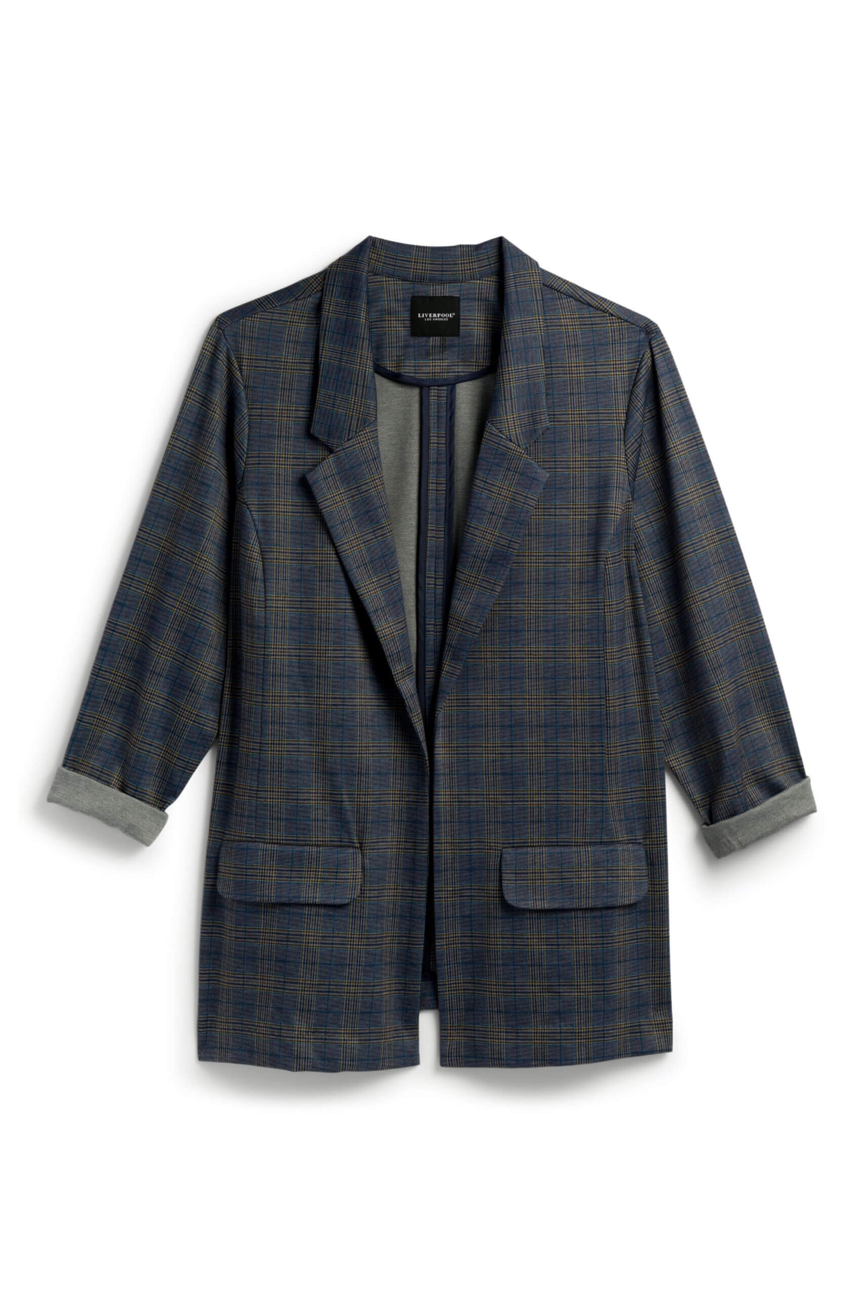 Stitch Fix women’s navy plaid knit boyfriend blazer with rolled sleeves.