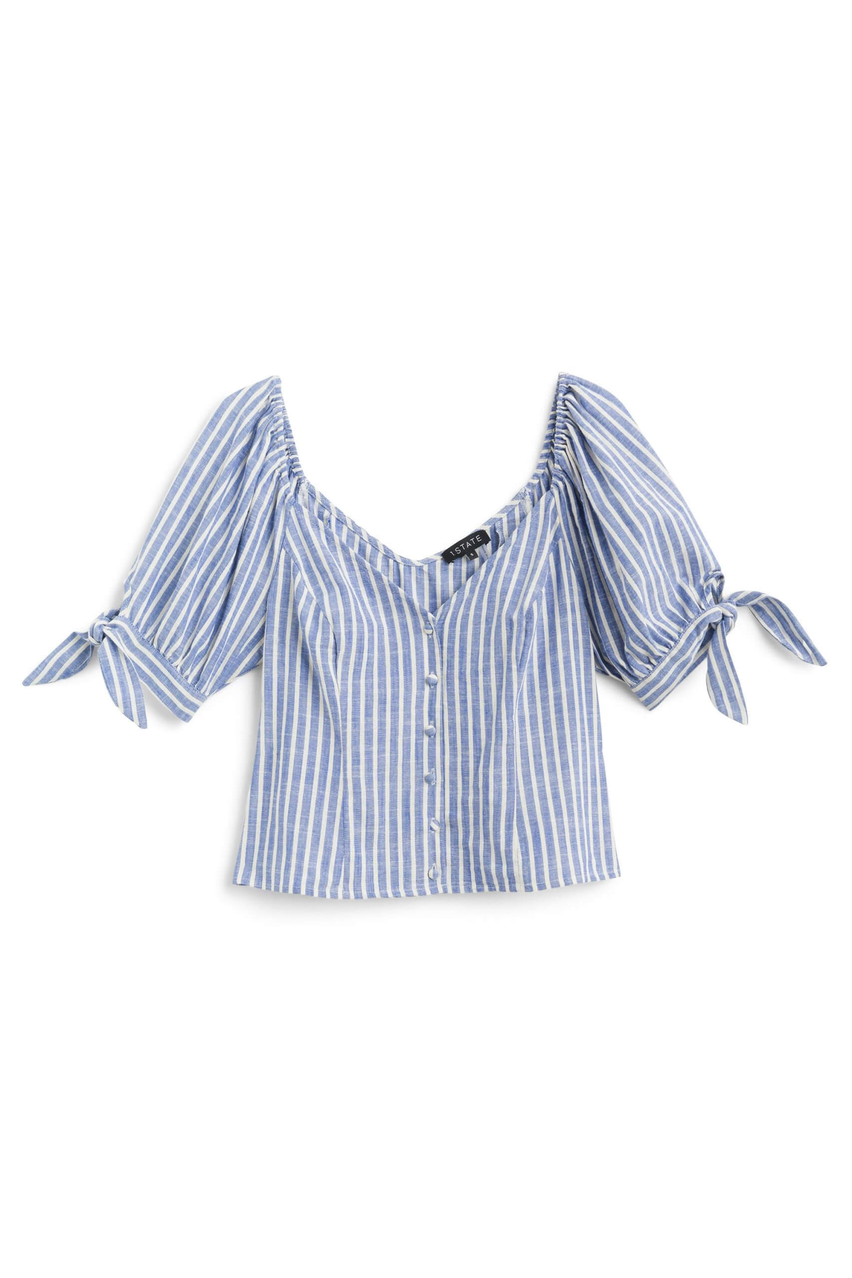 Stitch Fix women's blue and white striped button-front blouse with puff sleeves and ties.