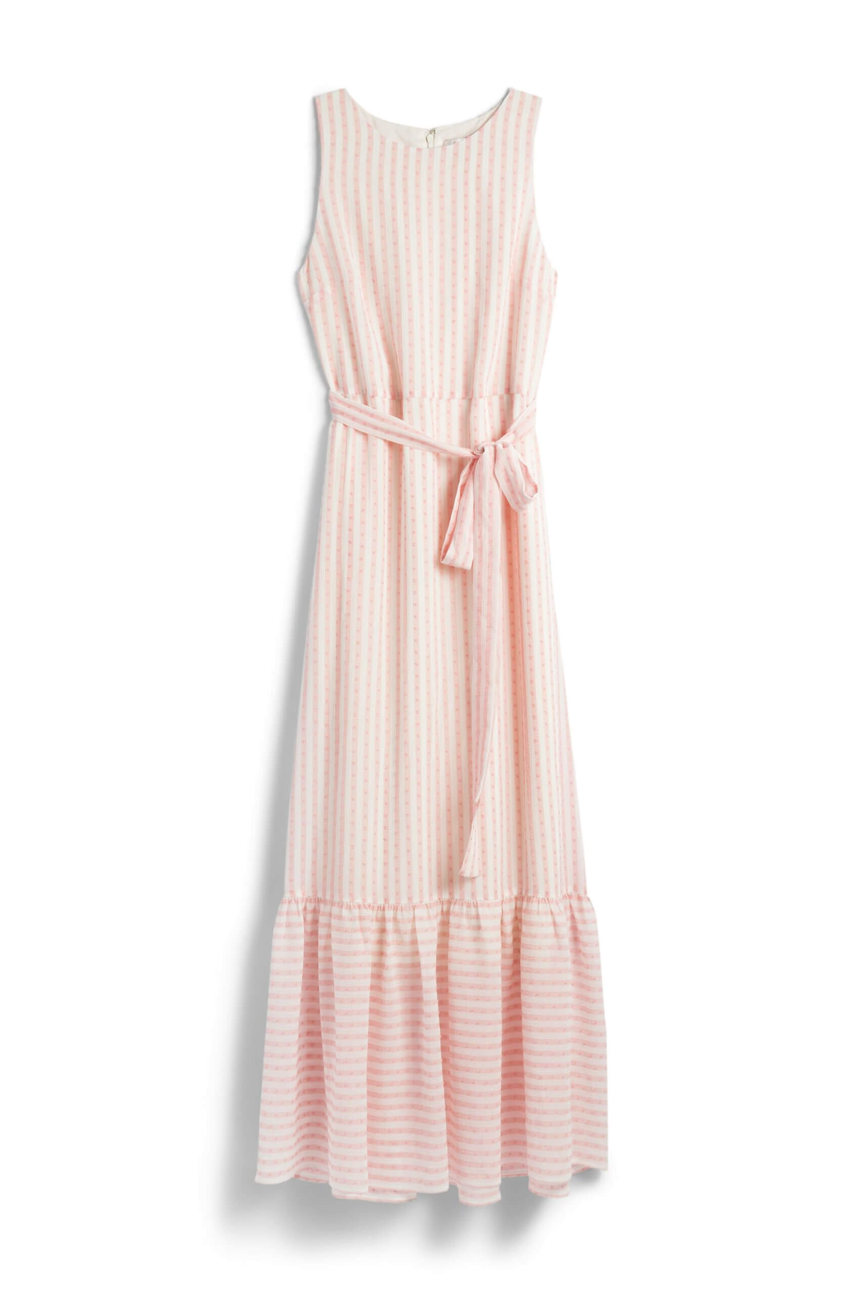 Stitch Fix Women’s pink and white seersucker maxi dress with tie-waist detail and ruffle hem.
