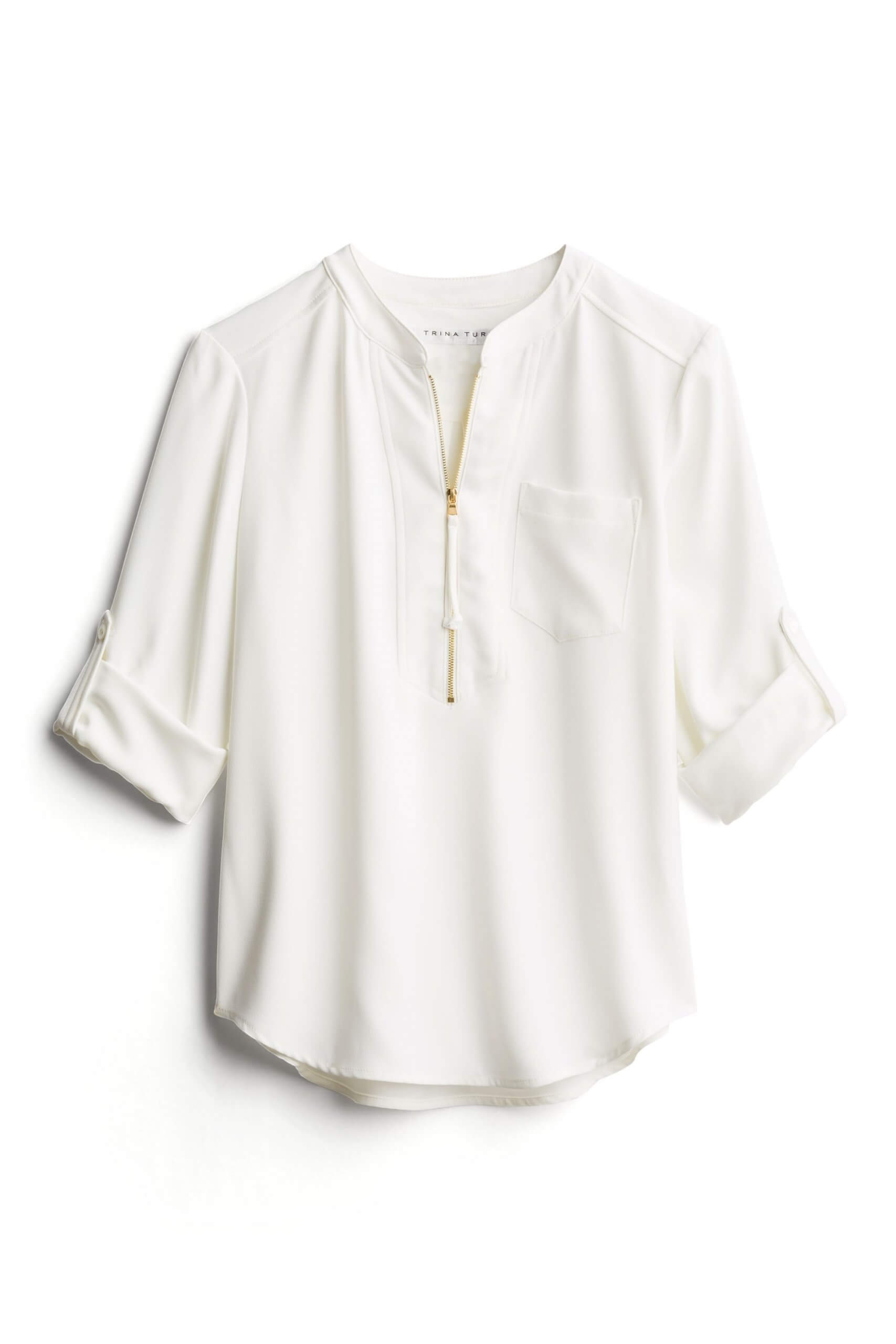 Stitch Fix women’s white blouse with three-quarter sleeves with zippered neckline.