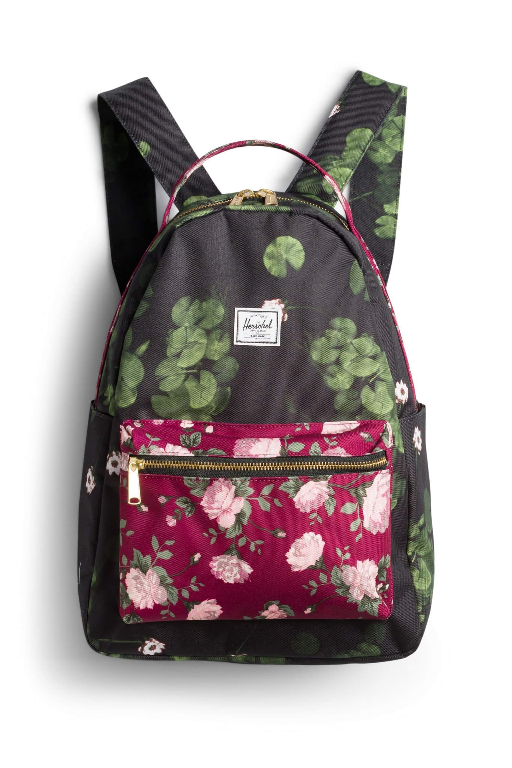 Stitch Fix women’s black backpack with green lily pad and pink and burgundy floral prints with gold hardware.