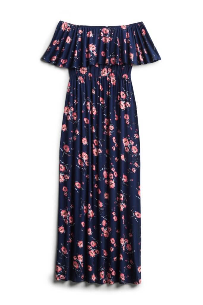Stitch Fix navy off-the-shoulder maxi dress with pink floral print and ruffle neckline.