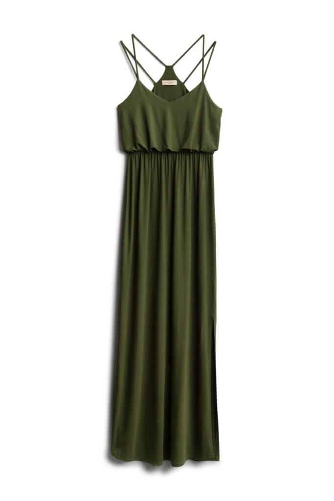 Stitch Fix olive green maxi dress with multiple spaghetti-straps.