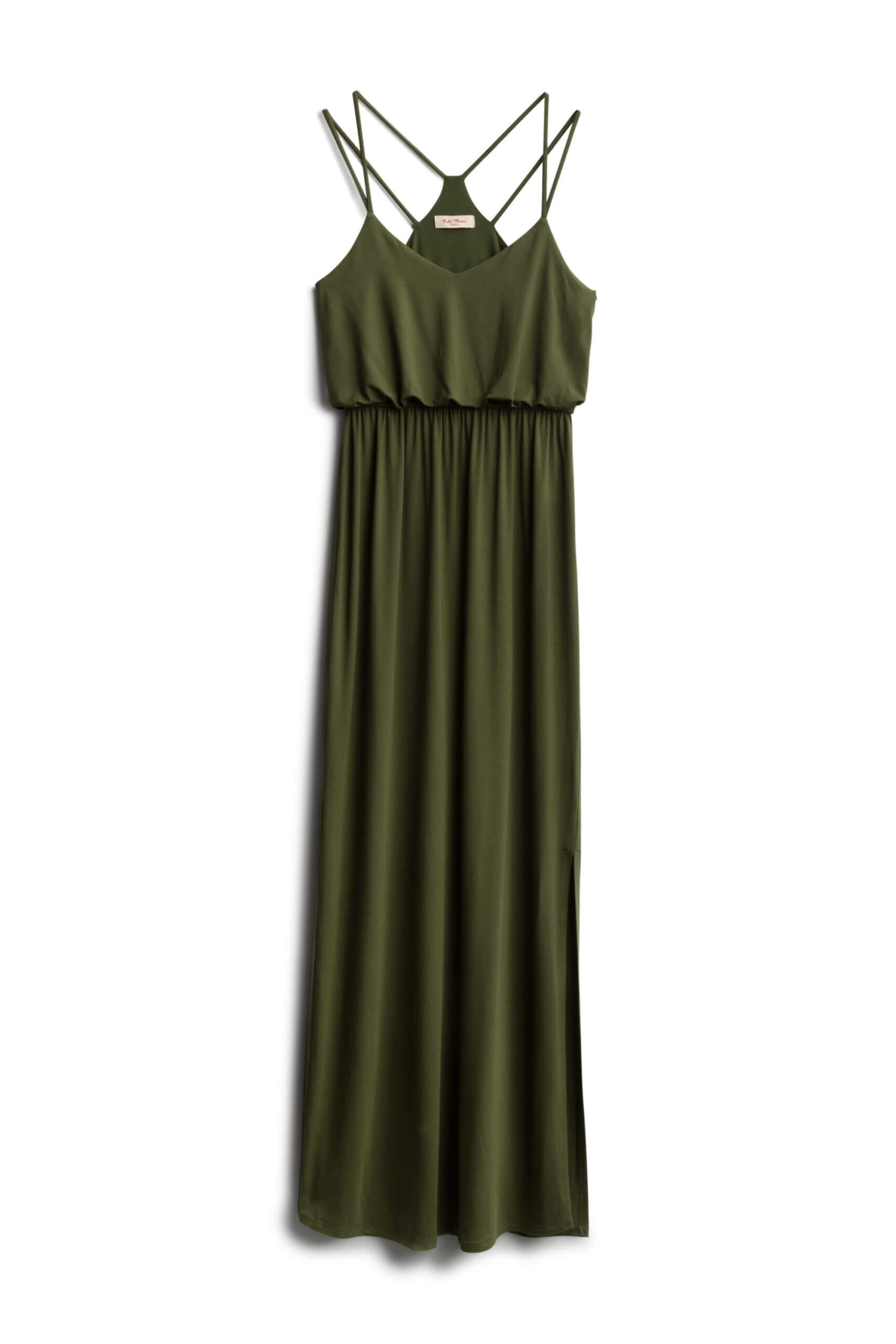 Stitch Fix olive green maxi dress with multiple spaghetti-straps.