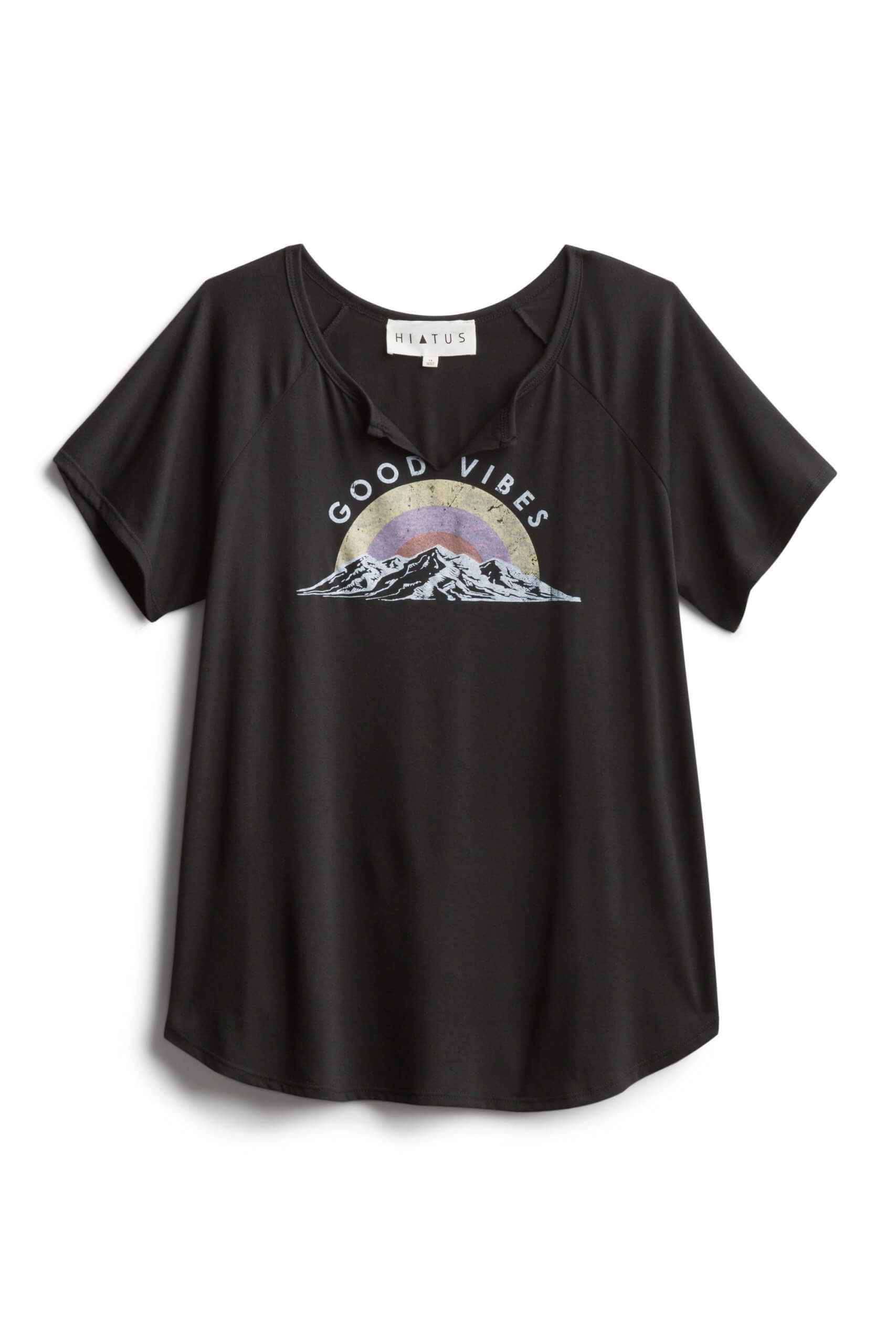 Stitch Fix women’s black graphic t-shirt featuring mountains, sunrise and “good vibes” text.
