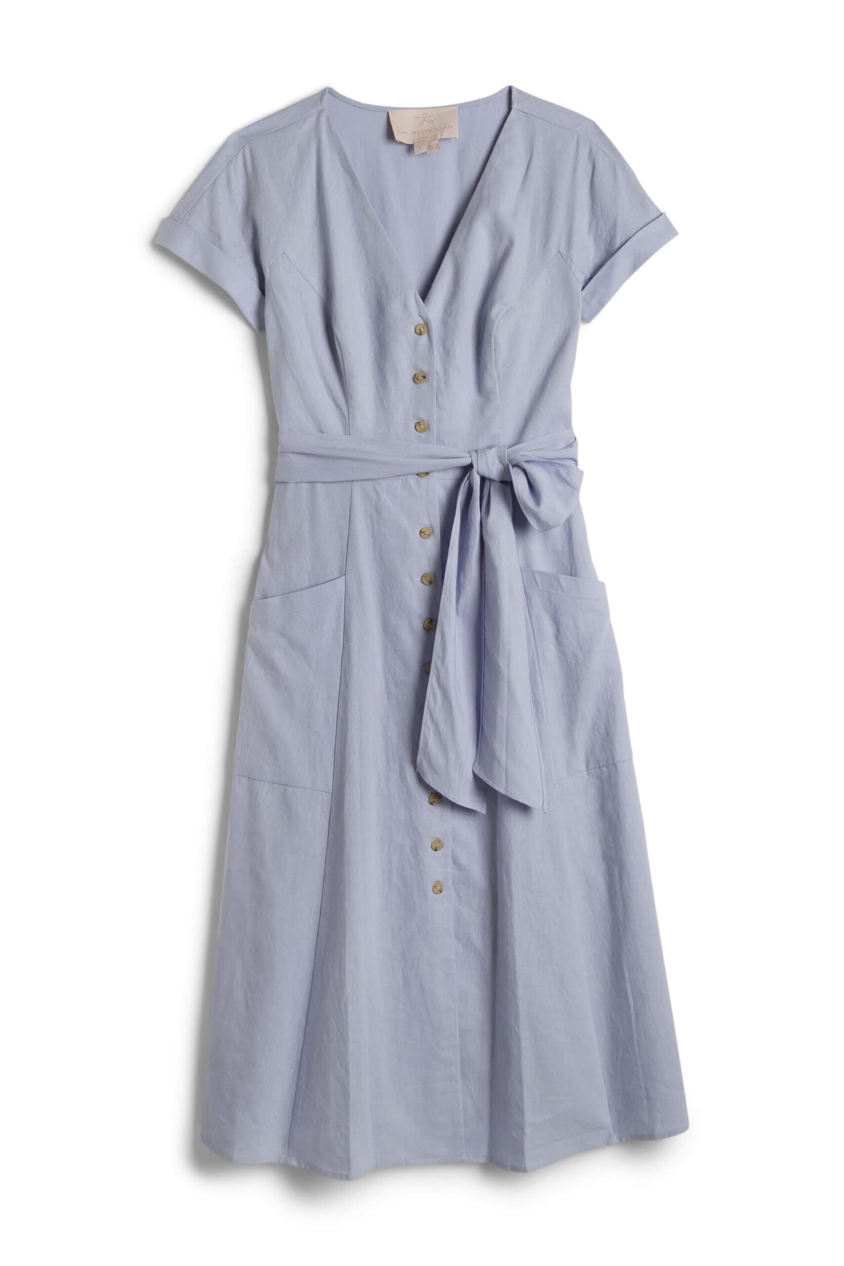 Stitch Fix Women’s date night at home featuring light blue short-sleeved dress with a belted tie-waist.