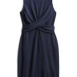 Stitch Fix Summer Cocktail Attire navy blue sheath dress with round neckline and cross front waist detail.