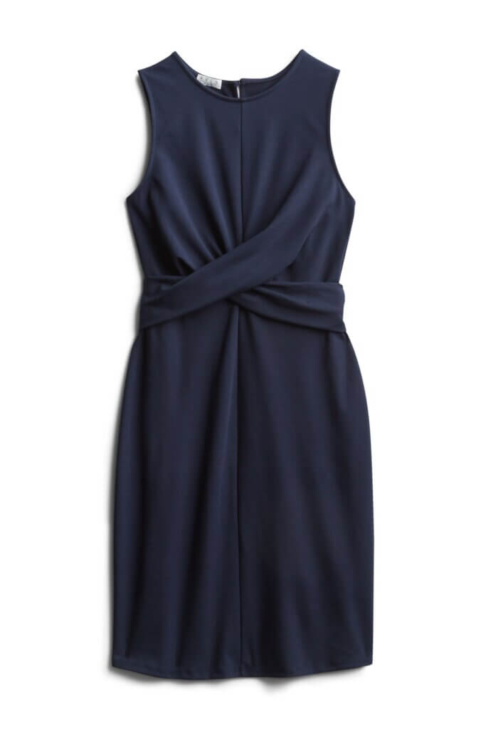 Stitch Fix Summer Cocktail Attire navy blue sheath dress with round neckline and cross front waist detail.