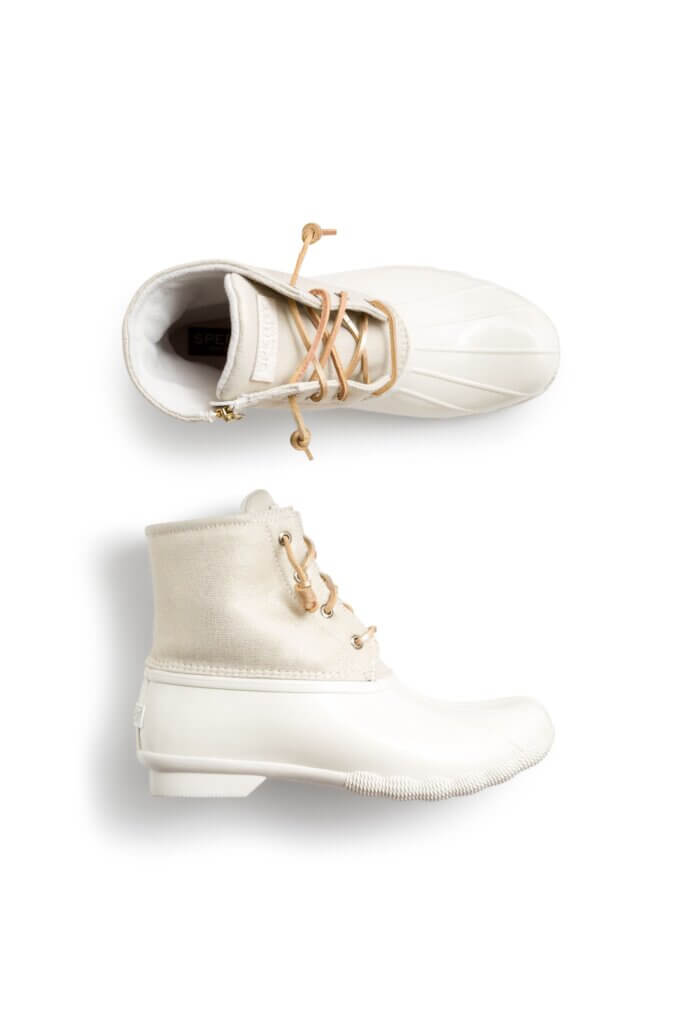 Stitch Fix women’s white duck boots with brown laces.
