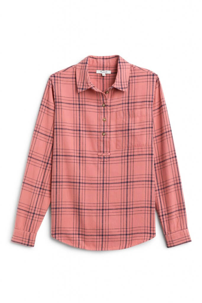 Stitch Fix women’s pink plaid flannel button-down shirt.