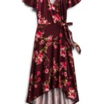 Stitch Fix burgundy hi-lo maxi dress with pink and green floral print, flutter sleeves and tie-waist.