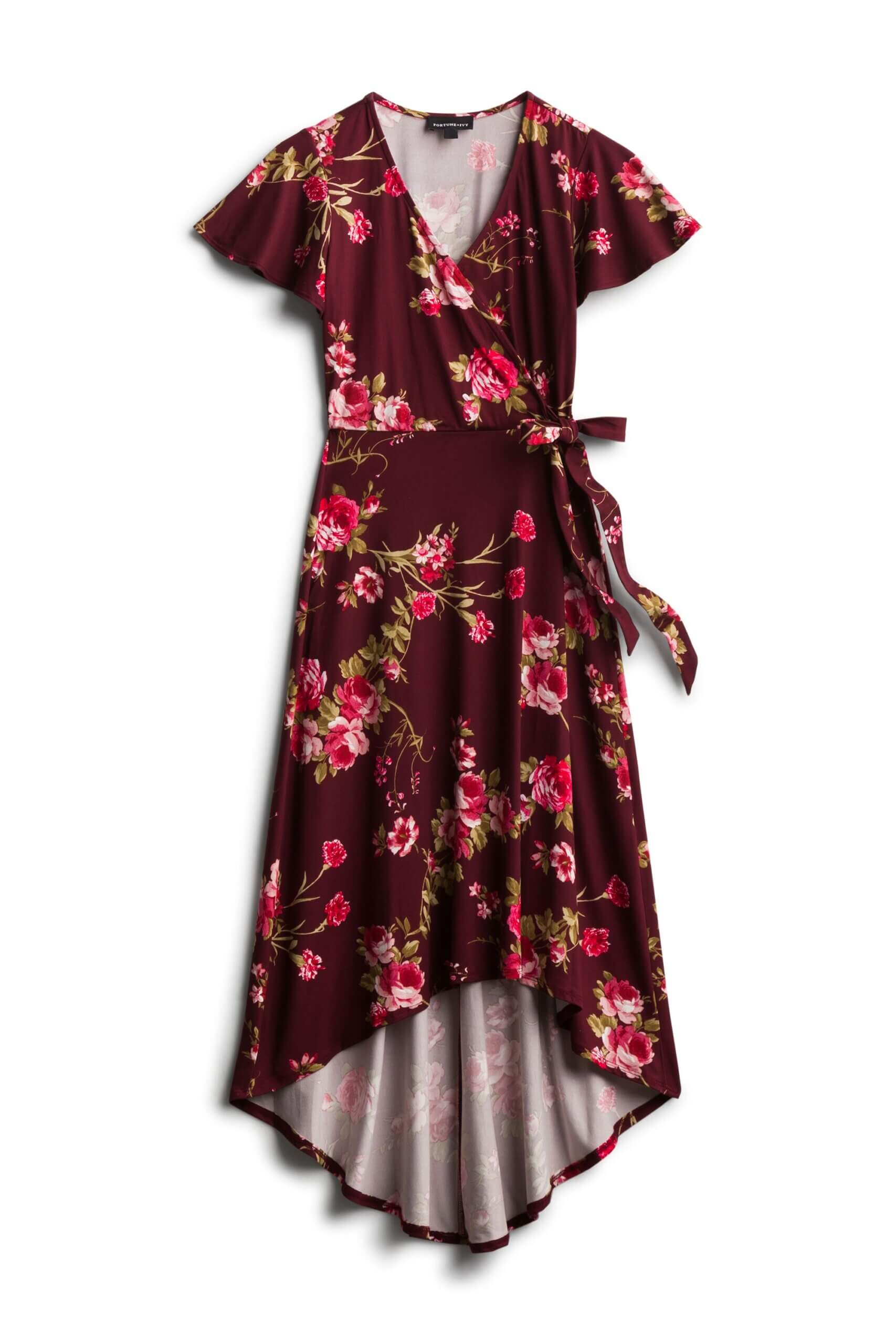 Stitch Fix burgundy hi-lo maxi dress with pink and green floral print, flutter sleeves and tie-waist.