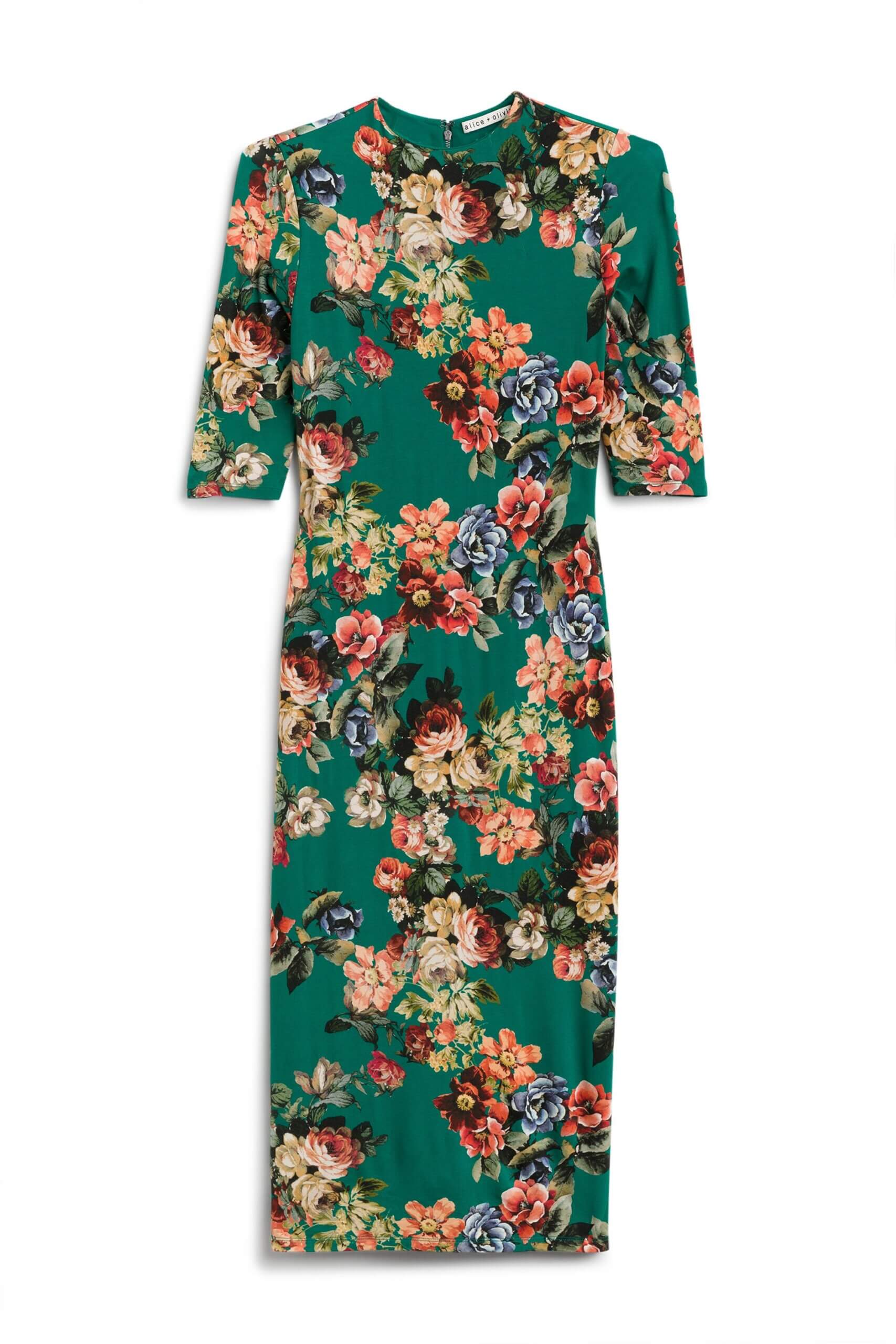 Stitch Fix women’s fitted floral midi dress with short sleeves.