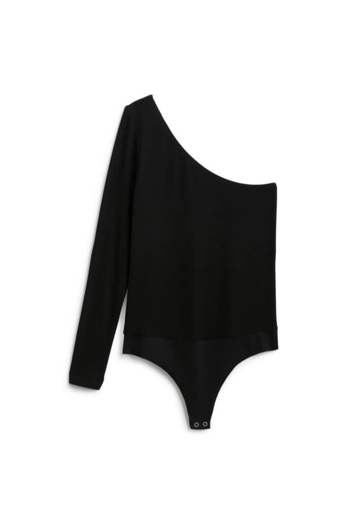 Stitch Fix women’s black one-shoulder long-sleeve bodysuit.