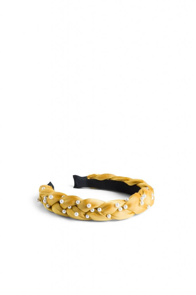 Stitch Fix women’s yellow braided fabric headband with pearl accents.
