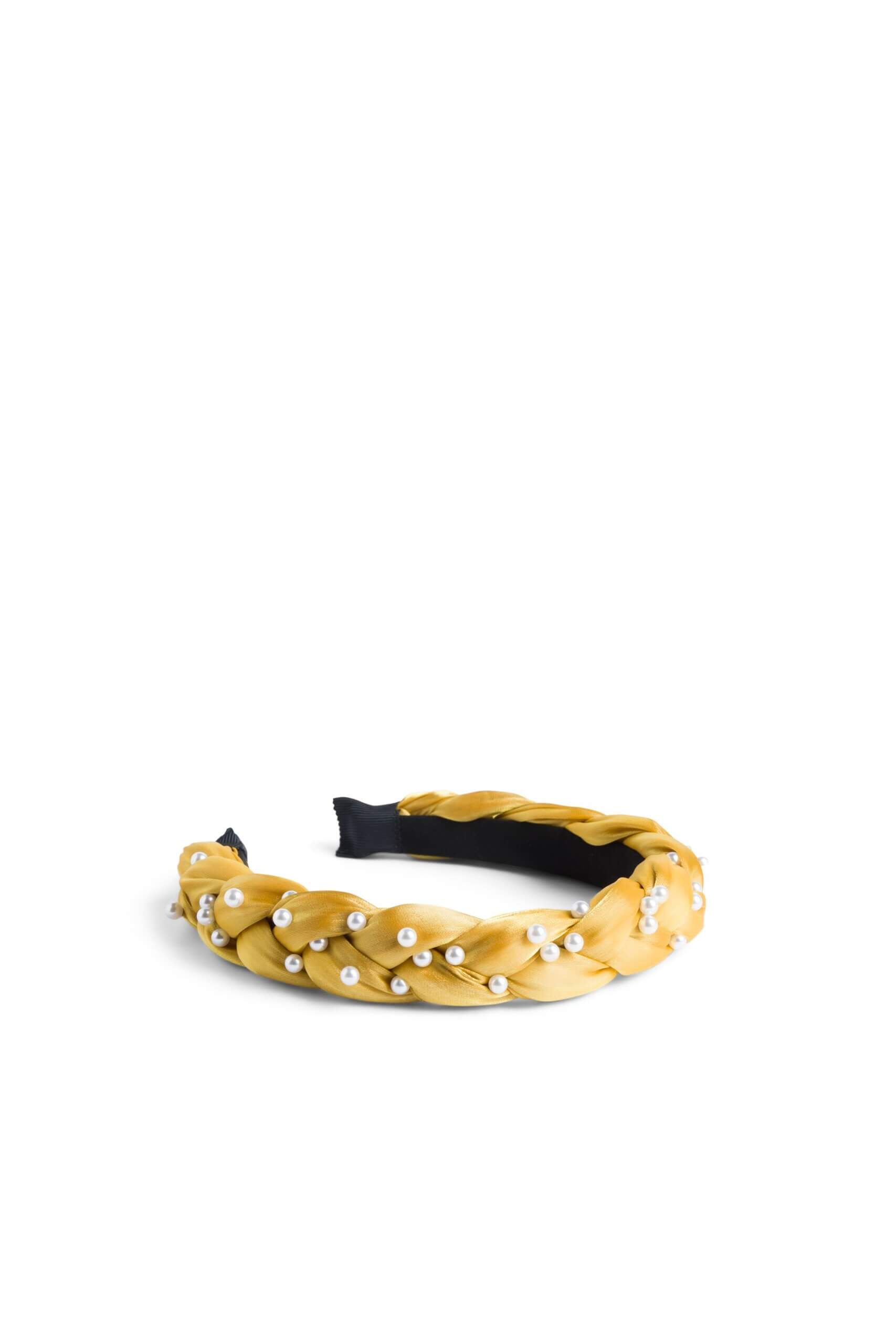 Stitch Fix women’s yellow braided fabric headband with pearl accents.