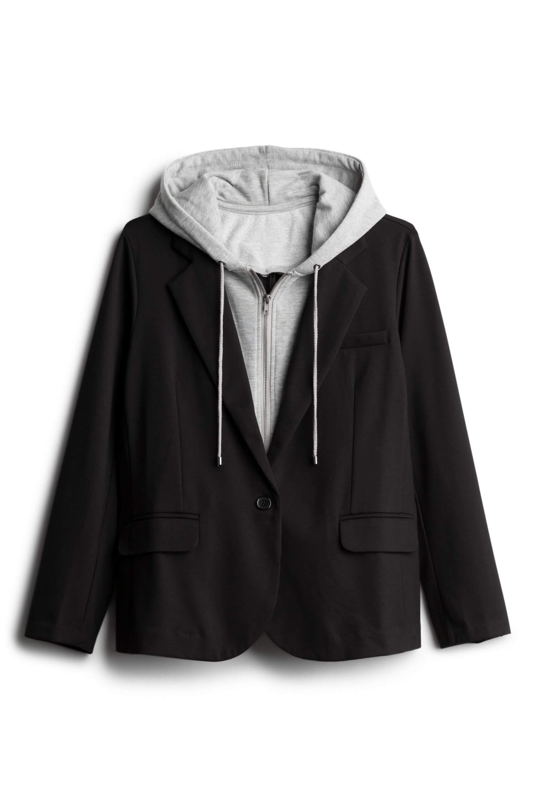 Stitch Fix Women’s grey hoodie with a black blazer.