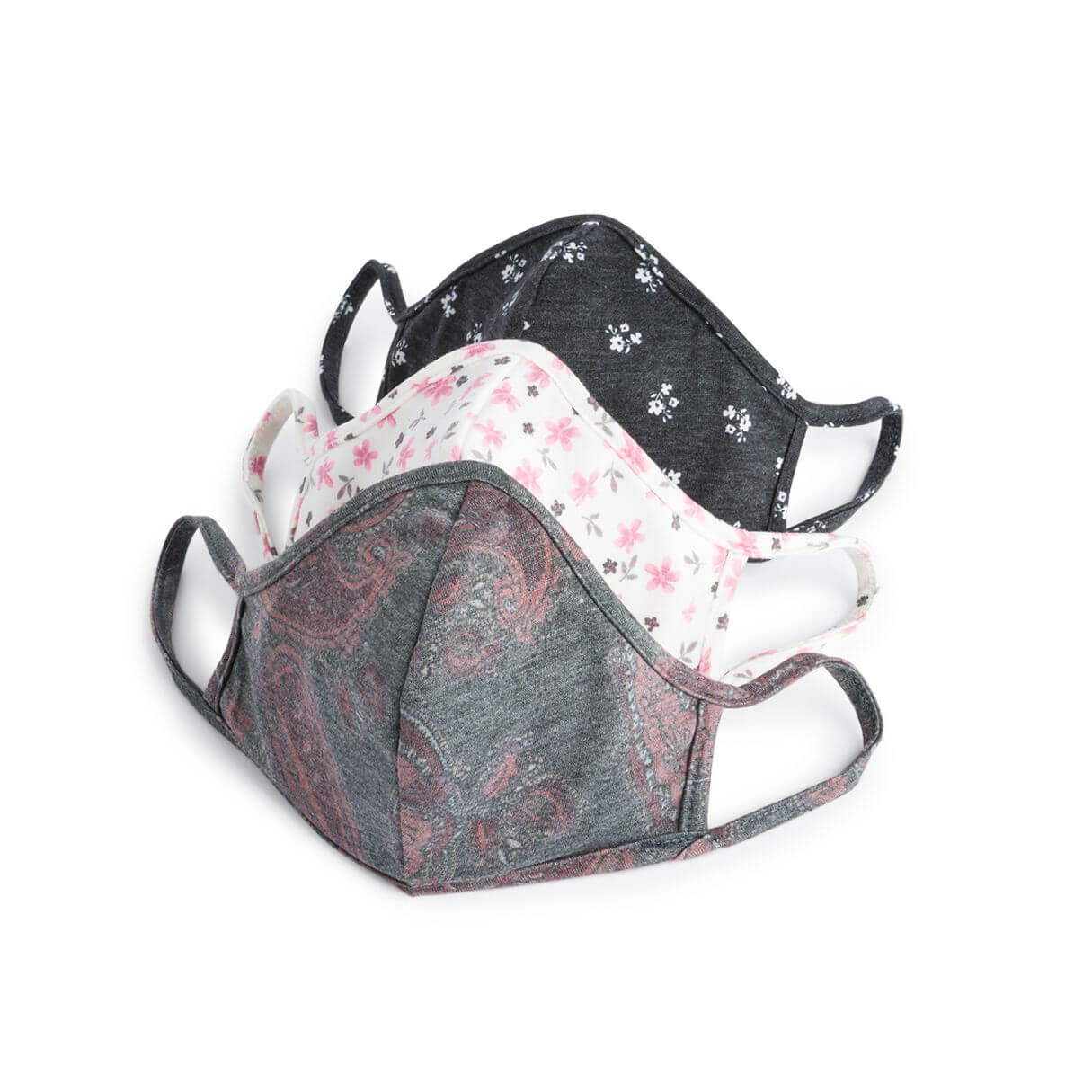 Stitch Fix Women’s Masks in grey with pink paisley print, white with pink floral print and navy with white floral print.
