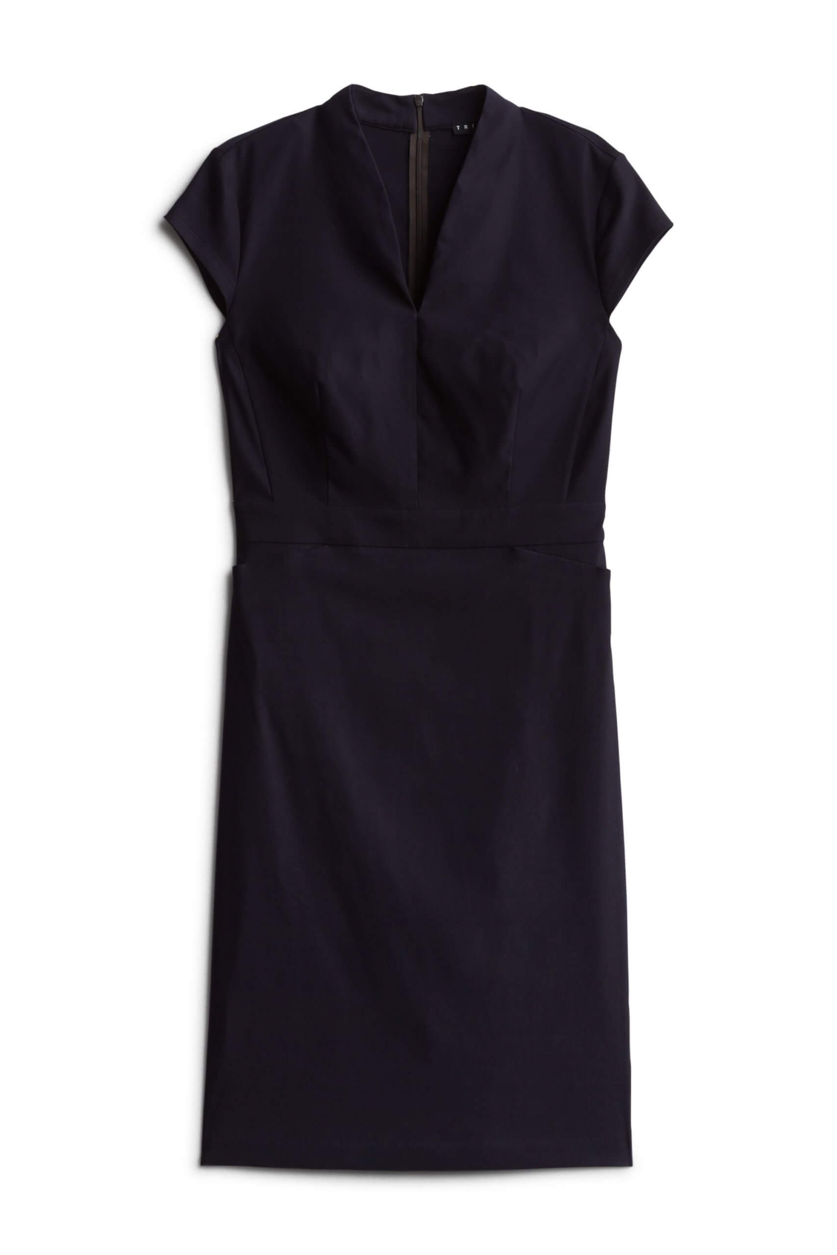 Stitch Fix women’s black knee-length sheath dress with cap sleeves a v-neckline.
