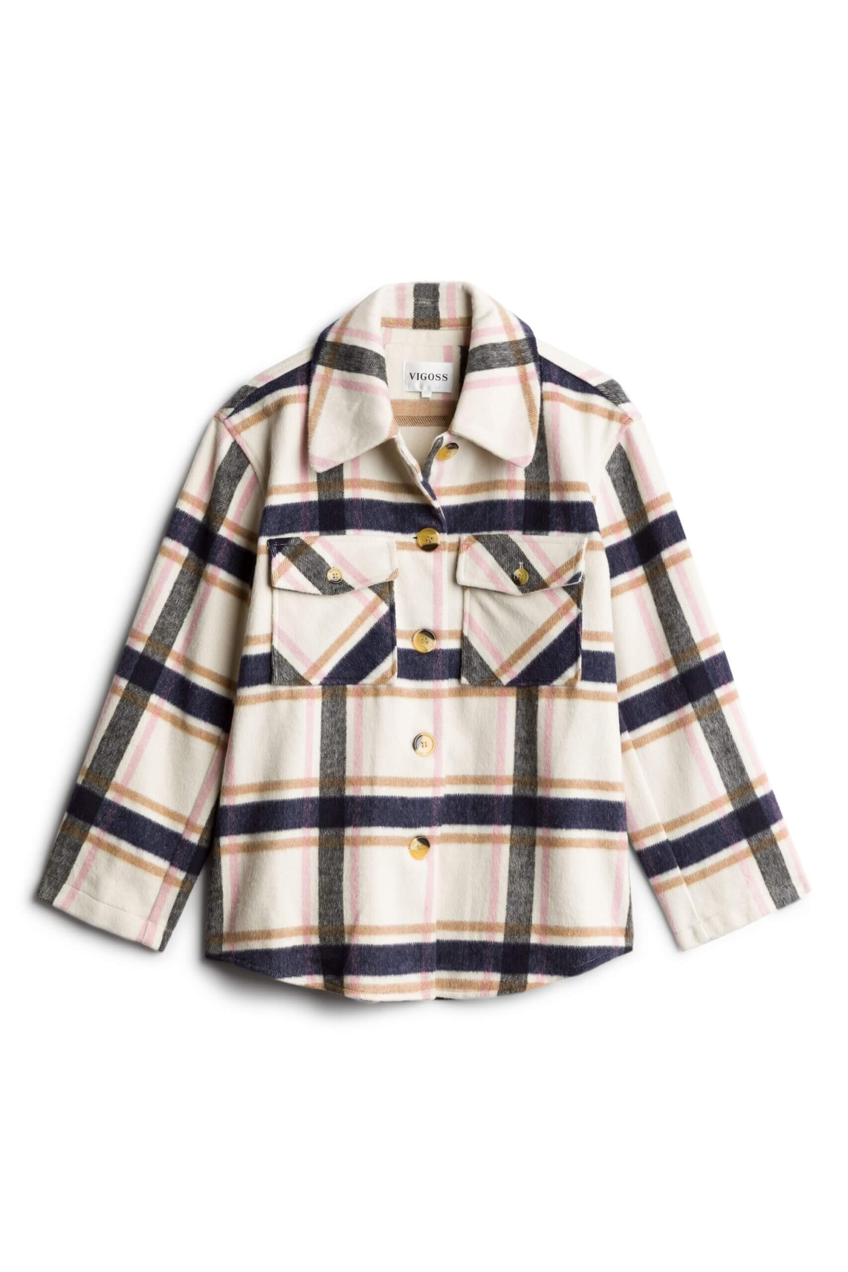 Stitch Fix women's cream, navy blue and orange plaid button-down shacket.