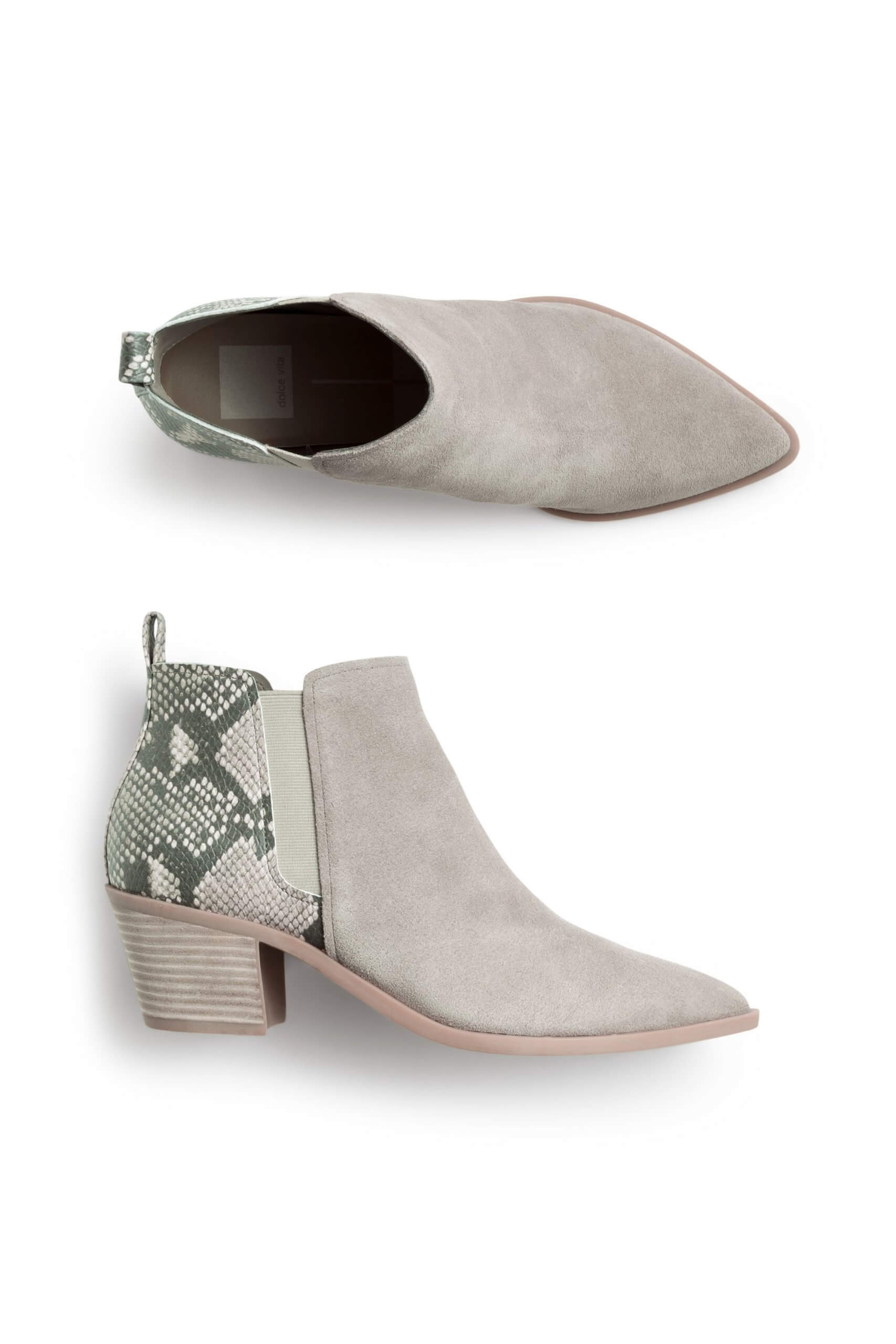 Stitch Fix Women's grey suede booties with snakeskin detail.