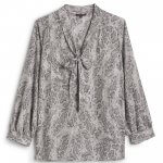 Stitch Fix women’s long-sleeve blouse in grey snakeskin print with bow neck detail.