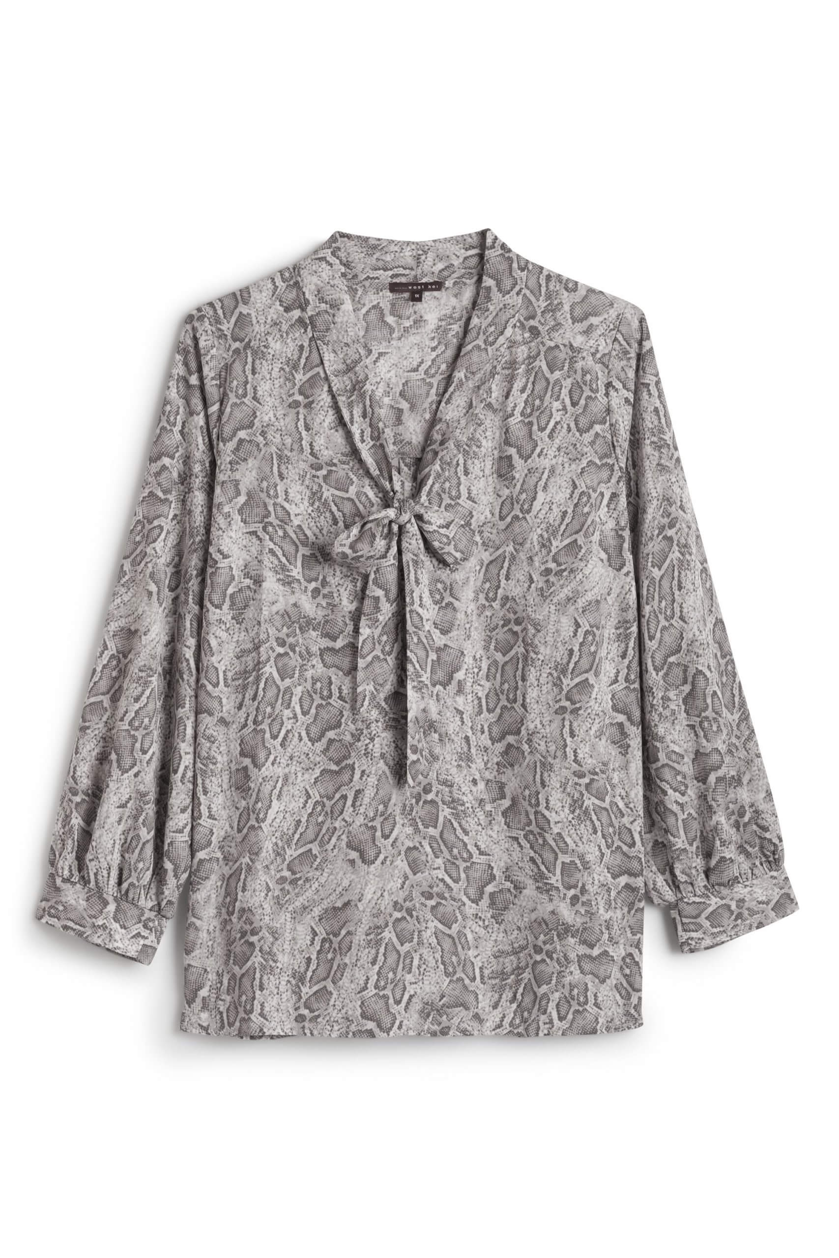 Stitch Fix women’s long-sleeve blouse in grey snakeskin print with bow neck detail.