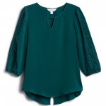 Stitch Fix women’s three-quarter sleeve dark green blouse with keyhole and eyelet.