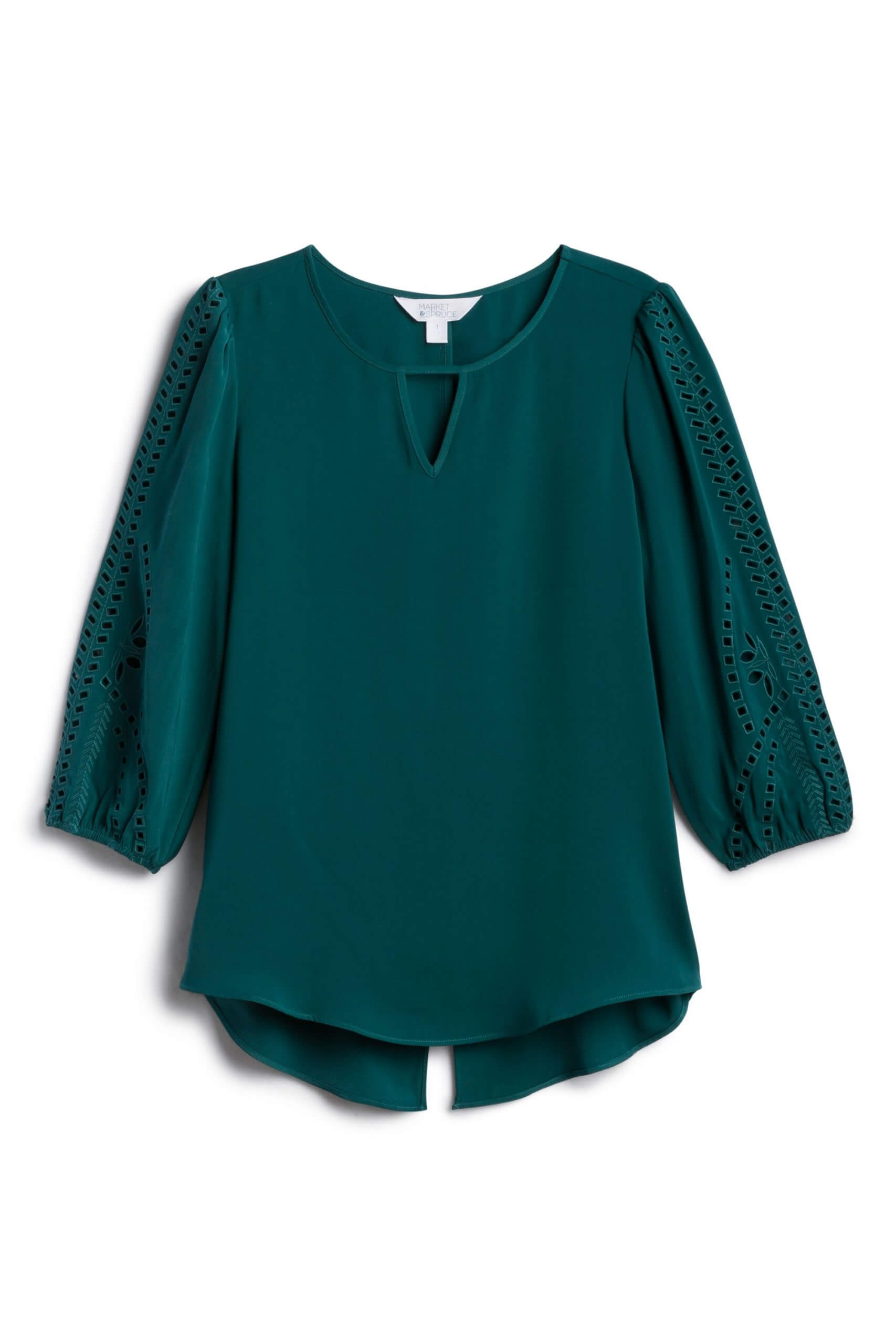 Stitch Fix women’s three-quarter sleeve dark green blouse with keyhole and eyelet.