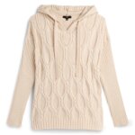 Stitch Fix women's tan cable knit hooded sweater.
