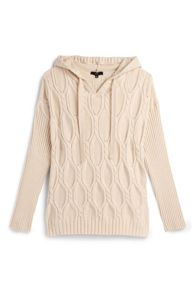 Stitch Fix women's tan cable knit hooded sweater.