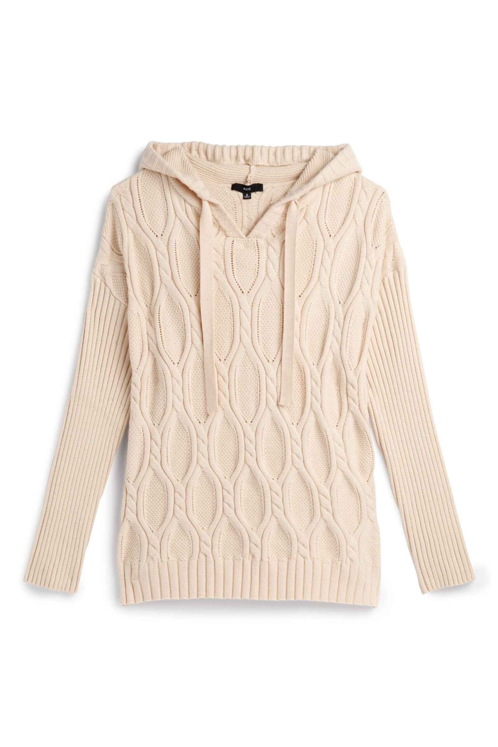 Stitch Fix women's tan cable knit hooded sweater.