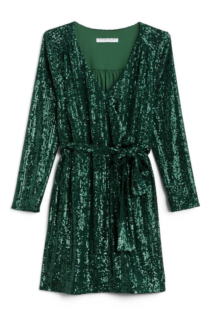 Stitch Fix women’s green sequin long-sleeve dress with belt.