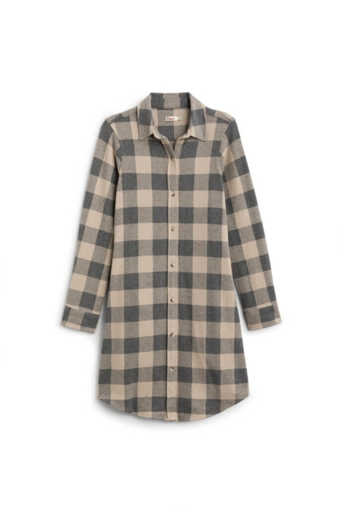 Stitch Fix women's brown and black plaid shirt dress.