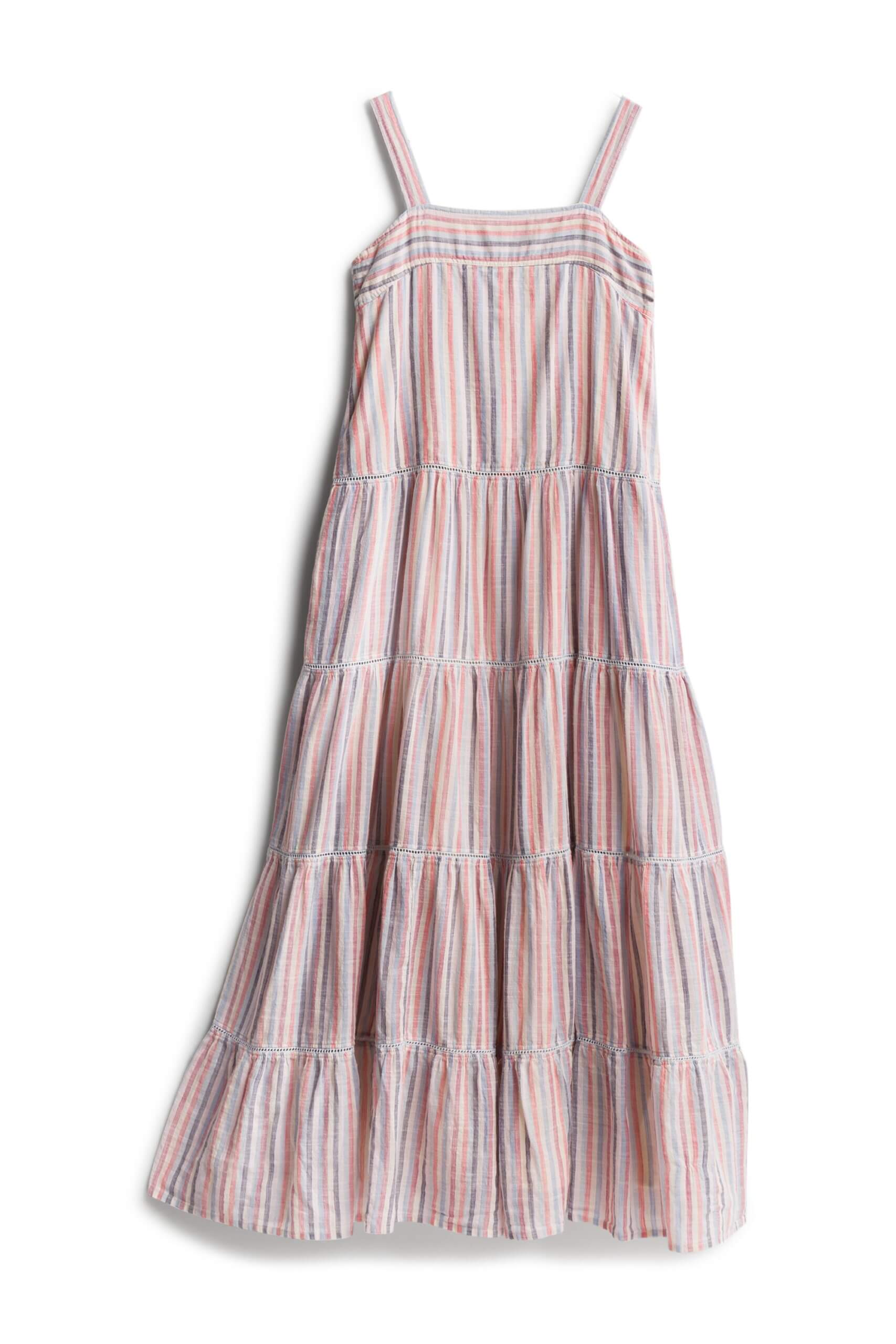 Stitch Fix tiered maxi dress with blue and orange vertical stripe print.